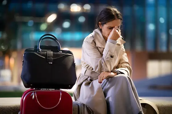 Businesswoman Sitting Airport Lounge Missed Flight Unhappy Middle Aged Woman Stock Image