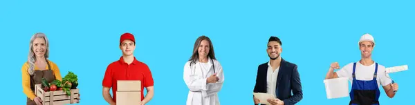 Composite Image With People Of Different Professions Portraits Over Blue Background, Diverse Multiethnic Men And Women Representing Various Jobs Standing Isolated On Colorful Backdrop, Collage