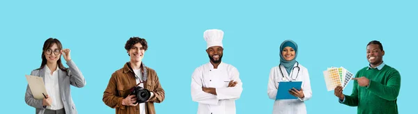 Besatzungskonzept Multiethnische Menschen Verschiedener Berufe Posieren Auf Blauem Hintergrund Gruppe — Stockfoto