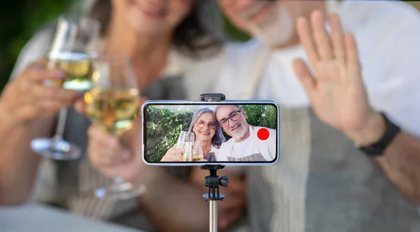 Glad senior caucasian man and lady cheers glasses of wine in garden, shoot video on phone screen, waves hand outdoor. Romantic date at home, dinner and relationship, holiday celebration, hi