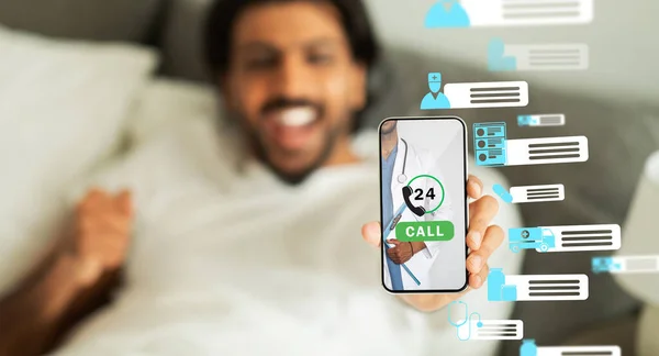 Medical App. Happy Arab Man Holding Smartphone With Telemedicine Application On Screen, Excited Male Recommending Online Medical Consultation, Creative Collage For telehealth Services