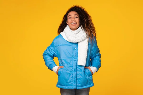 Cheerful Black Lady Wearing Bright Blue Winter Jacket Cozy White — Stock Photo, Image