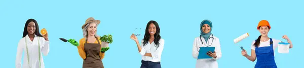 Weibliche Jobs Verschiedene Frauen Ihren Arbeitsuniformen Posieren Auf Blauem Hintergrund — Stockfoto
