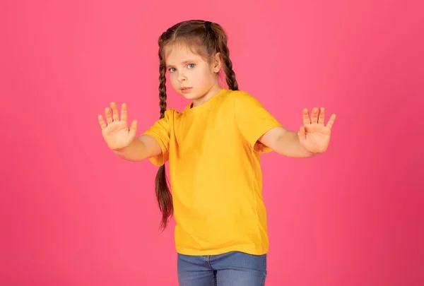 Scared Little Girl Showing Stop Gesture Hands Looking Camera Portrait — Stock Photo, Image