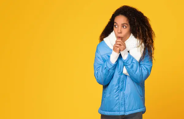 Young Black Lady Winter Jacket Shivers Hands Clasped She Looks — Stock Photo, Image
