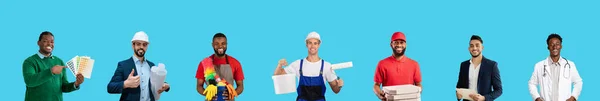 Creative Collage With People Of Different Professions Posing On Blue Background, Group Of Happy Multiethnic Men In Their Work Uniforms Standing Isolated Over Bright Backdrop, Panorama