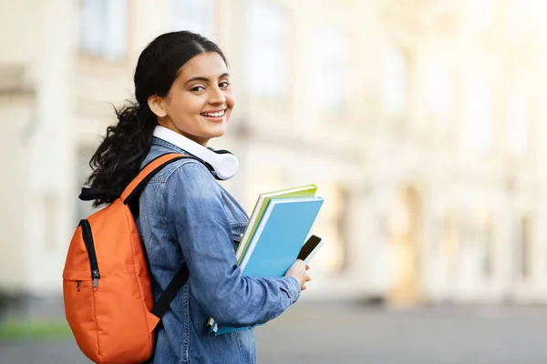Smiling Young Indian Lady Student Workbooks Backpack Standing Outdoors Happy — Stock Photo, Image
