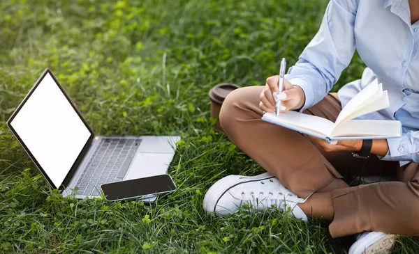 Young caucasian lady enjoy work with laptop, phone with empty screen, sit on grass, write in notebook in city outdoors, cropped. Business lifestyle, study, digital nomad, project