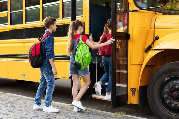 Group Joyful Children Eagerly Getting Yellow School Bus Diverse Kids Stock Photo