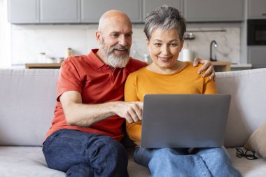 Evde dizüstü bilgisayarla rahatlarken internetten alışveriş yapan, gülümseyen, birlikte bilgisayar kullanan, internetten alışveriş yapan, eğlence için modern teknolojilerin tadını çıkaran üst düzey bir çift.
