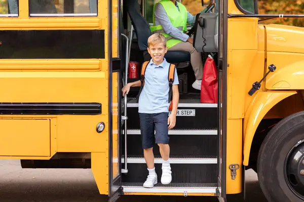 Smiling Preteen Boy Getting Yellow School Bus Cheerful Male Kid — Stock Photo, Image