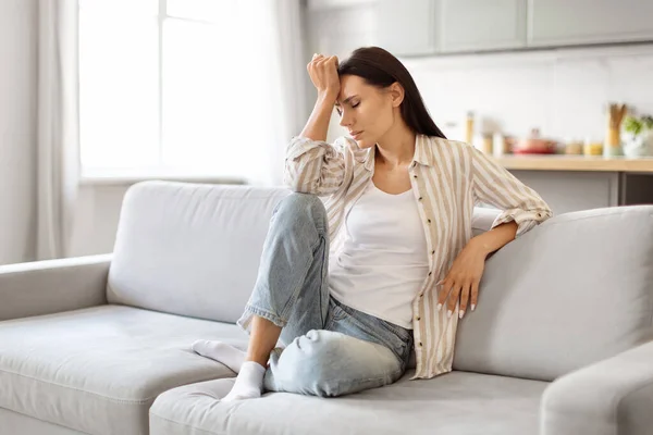 Depression Concept Portrait Sad Young Woman Sitting Couch Home Lonely — Stock Photo, Image