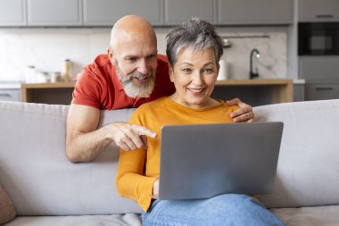 Oturma odasındaki koltukta dinlenirken dizüstü bilgisayarlı mutlu yaşlı çift internetten alışveriş yaparken ya da tatil yaparken gülümsüyor.