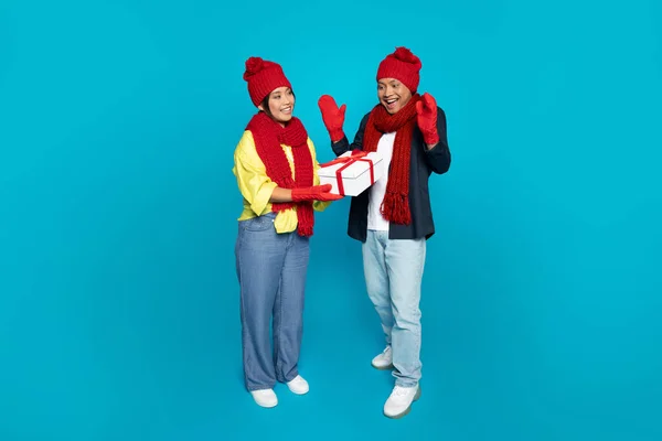 Cheerful Millennial Japanese Lady Hat Gives Many Boxes Present Surprise — Stock Photo, Image