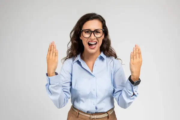 Angry Upset Young European Lady Formal Wear Raises Hands Screams — Stock Photo, Image
