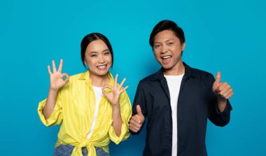 Gündelik gösteride genç bir Japon erkeği ve kadını görmek güzel. Tamam, başparmak işareti yap, zaferi kutla, başarıyı elle kutla, mavi stüdyo arka planında izole ol. Duygular tavsiyesi, onay jesti, iyi haber işareti