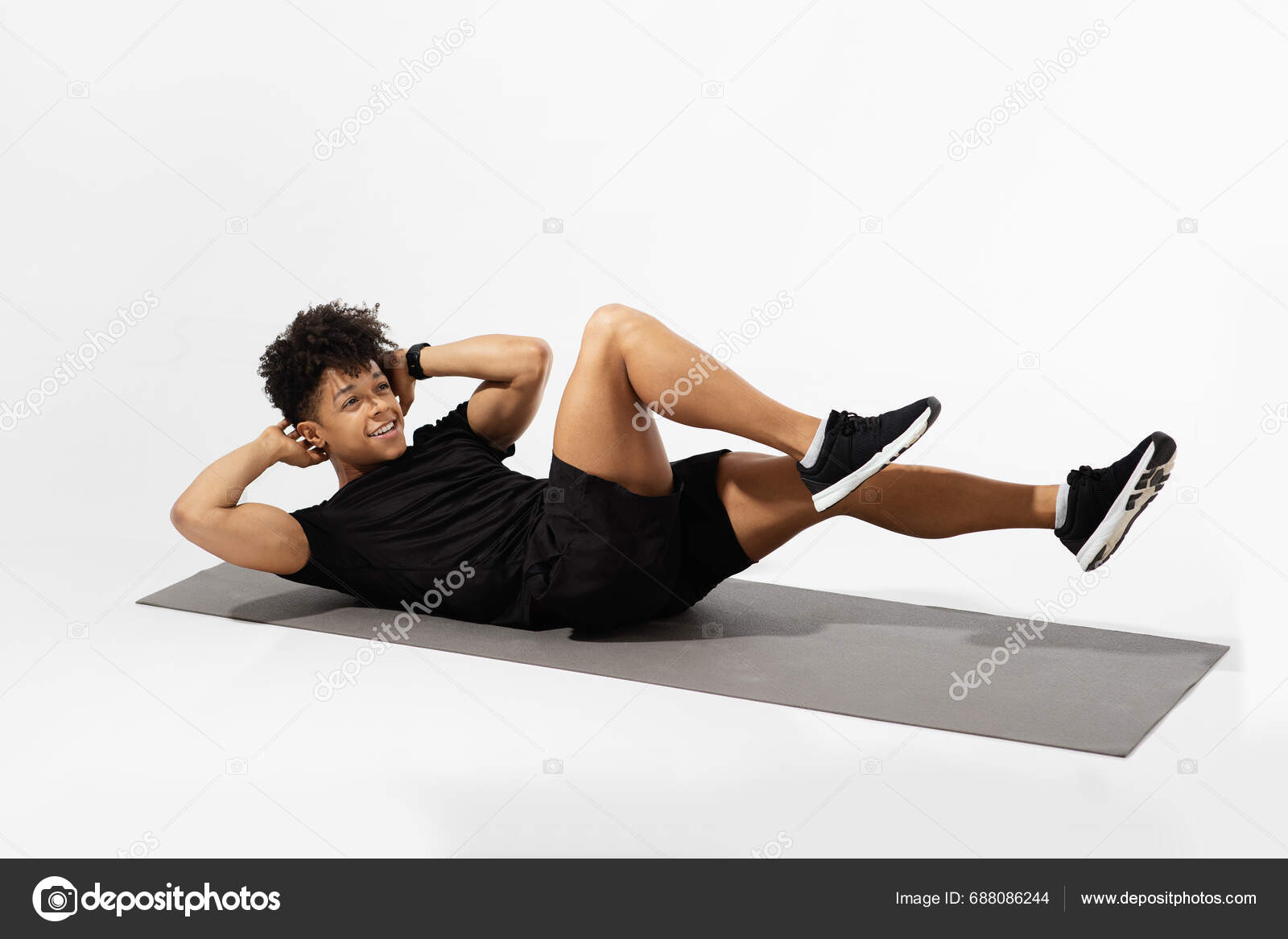 Athletic Young Man Does Elbow Knee Crunches Fitness Mat Working Stock ...