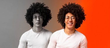 Gençlerde Depresyon. Milenyum Siyahi Adam Ruh halini değiştiren, Afrikalı Amerikalı erkeklerin mutlu ve üzgün hissettiği yaratıcı kolaj, neşeli ve depresif duygular, panorama
