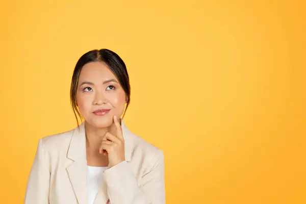 Pensive Happy Millennial Korean Lady Manager Suit Thinks Looking Free — Stock Photo, Image