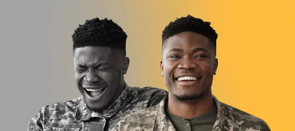 Mood Swings Concept. Black Military Man Expressing Happy And Sad Emotions, Creative Collage With Portraits Of African American Soldier Feeling Cheerful And Upset, Suffering Mental Problems, Panorama