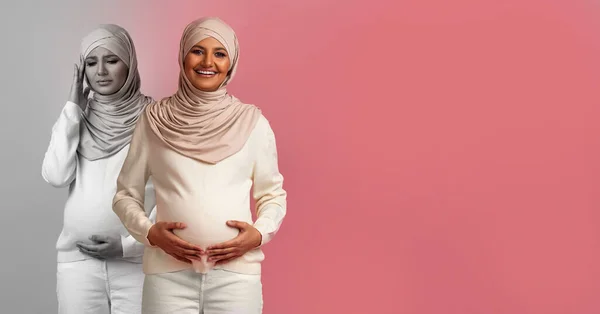 Mood Swings During Pregnancy. Pregnant Muslim Woman In Hijab Expressing Different Emotions, Creative Collage With Young Islamic Lady Feeling Happy And Upset, Suffering Mental Illnesses, Panorama