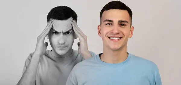 Mental Problems Young Man Expressing Different Emotions Felling Happy Sad — Stock Photo, Image