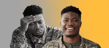 Orduda depresyon. Farklı ruh hallerini ifade eden siyah erkek askerle kolaj, kamuflaj üniformalı Afro-Amerikan bir adamla birleşik görüntü mutlu ve üzgün, travma sonrası stres altında