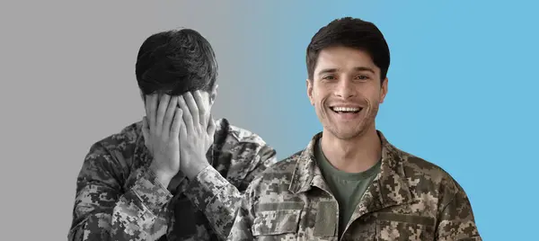 stock image Mood Swings Concept. Young Military Man Expressing Happy And Sad Emotions, Creative Collage With Portraits Of Millennial Soldier Feeling Cheerful And Upset, Suffering Mental Problems, Panorama