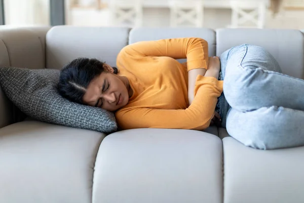Stomach Ache Sick Young Indian Female Suffering Acute Abdominal Pain — Stock Photo, Image