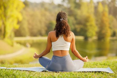 Genç sporcu kadın gölün kenarındaki minder üzerinde meditasyon yapıyor, dikiz aynası, sakinlik ve sağlığın simgesi, yoga ve fitness reklamı için ideal, yaz sabahı parkta açık havada.