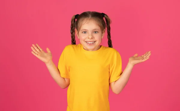 Cheerful Preteen Girl Pigtails Shrugging Her Shoulders Playful Manner Happy — Stock Photo, Image