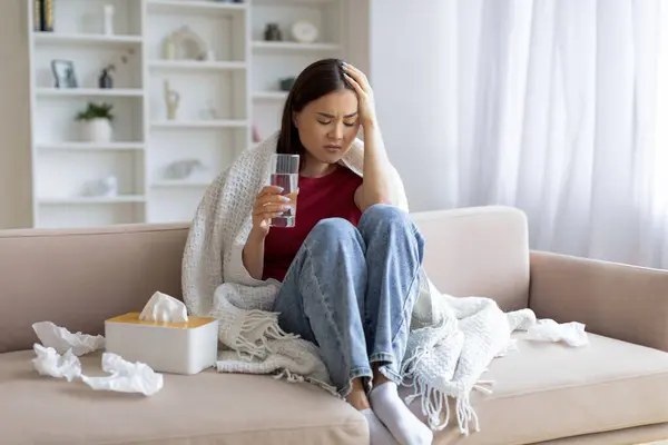Sick Asian Woman Covered Blanket Sitting Couch Home Ill Millennial — Stock Photo, Image