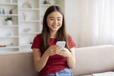 Evde koltukta otururken akıllı telefondaki gülümseyen Asyalı Kadın Mesajı, İletişim için cep telefonunu ya da oturma odasında dinlenirken internetten alışveriş yapan mutlu Koreli genç bayan,