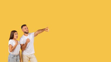 Beyaz tişörtlü neşeli Avrupalı adam boş yeri işaret ediyor, şok olmuş bayana reklam veriyor ve sarı arka planda izole edilmiş bir şekilde sunuyor. Sürpriz, dikkat iyi haber, satış.