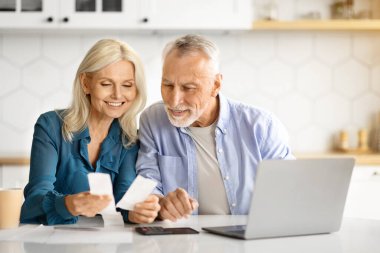 Gülümseyen kıdemli eşler, evde aile bütçesini planlarken makbuzları kontrol ederken, mutlu yaşlı çiftler aylık harcamaları sayarken, birikimleri hesaplarken, mutfaktaki dizüstü bilgisayarla masada otururken,