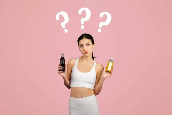 Slim European Lady Sportswear Holding Bottle Smoothie Coca Cola Thinking — Stock Photo, Image