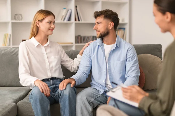 European Husband Wife Reconciling Successful Marriage Therapy Session Sit Together — Stock Photo, Image