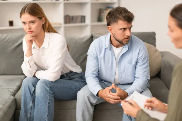 Unhappy Husband Wife Sulking Sitting Psychotherapists Office Engaged Serious Consultation — Stock Photo, Image