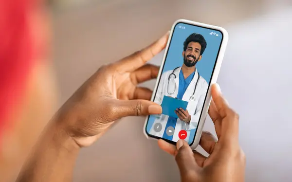Indian Doctor Consulting Female Patient Online Via Video Call On Phone, Sick Lady Talking With Physician, Using Smartphone For Teleconference, Receiving Virtual Medical Consultation, Collage