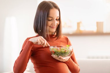 Mutlu hamile kadın kanepede oturuyor ve evde öğle yemeğinde taze salatanın tadını çıkarıyor. Müstakbel annemin oturma odasında sağlıklı bir sebze kasesi olmasını bekliyorum. Beslenme ve Hamilelik