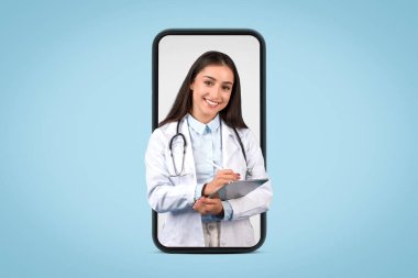 Çevrimiçi tıbbi danışmanlık, mavi altyapıyı vurgulayan, kendine güvenen genç bir kadın doktor tarafından temsil edilen tele sağlık hizmetleri
