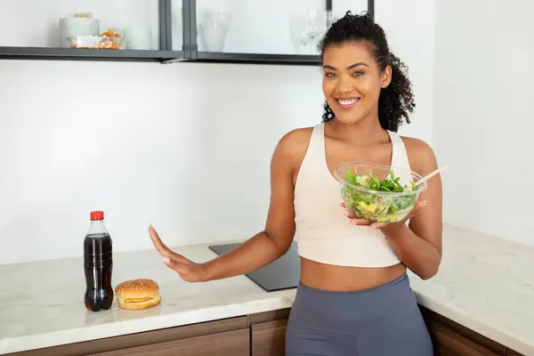 Happy Young Fitness Lady Holds Healthy Vegetable Salad Gesturing Stop — Stock Photo, Image
