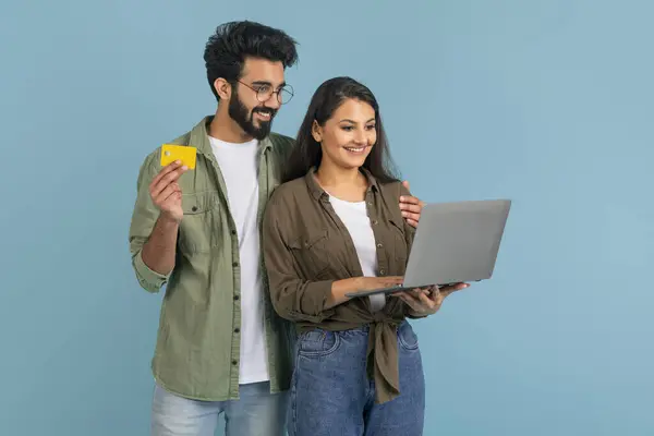 Cheerful Millennial Indian Couple Using Laptop Credit Card Happy Young — Stock Photo, Image