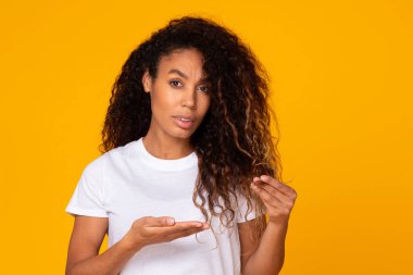 Split ends treatment. Displeased black young lady with wavy hair showing her dry and damaged hair ends, posing over yellow studio backdrop. Haircare and beauty problems concept