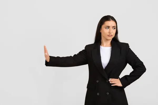 Professional Businesswoman Black Suit Making Stop Gesture Determined Look Standing — Stockfoto