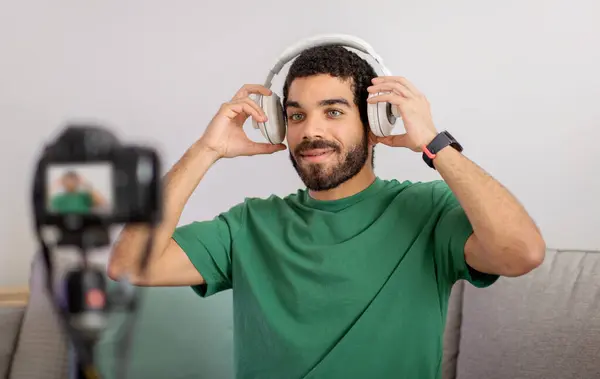 Content Creator Middle Eastern Millennial Man Casual Green Shirt Enjoys — стокове фото