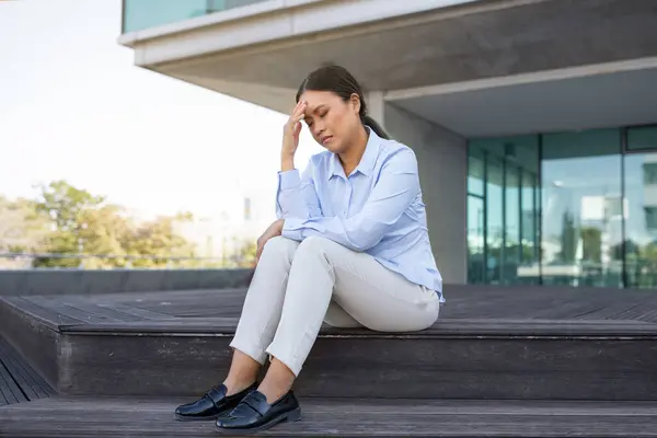 Stressful Job Stressed Asian Young Businesswoman Touching Head Having Headache — ストック写真