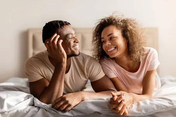 Happy Lovers Smiling African American Young Spouses Lying Together Comfortable — Stockfoto