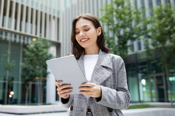 Smiling Business Lady Happily Browsing Digital Tablet Computer Standing Urban — ストック写真