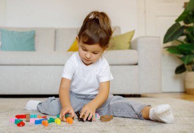 Cute Little Girl Playing With Colorful Wooden Blocks At Home While Sitting On Carpet In Living Room Interior, Portrait Of Adorable Toddler Female Child Using Development Toys, Copy Space